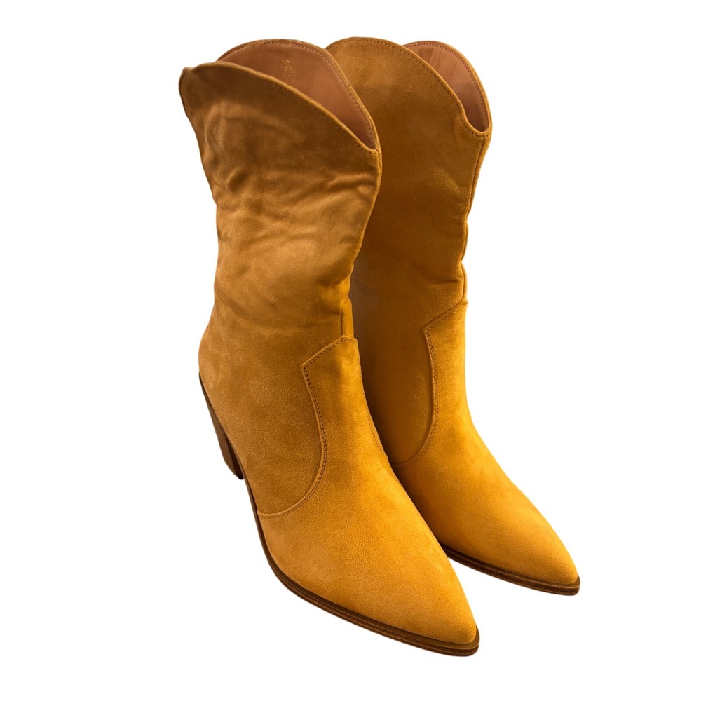 Coutgo Womens Cowboy Mid Calf Boots Mustard Yellow Suede Chunky Block Heel Sz 9